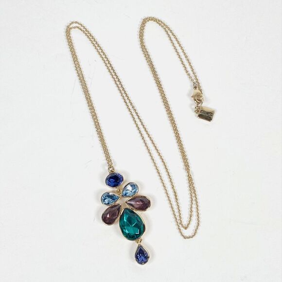 Colorful Rhinestone Statement Necklace Gold Tone Pendant Long Art Nouveau Style - Picture 2 of 8